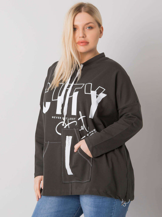 Ciemna khaki bluza plus size z nadrukiem i kieszeniami
