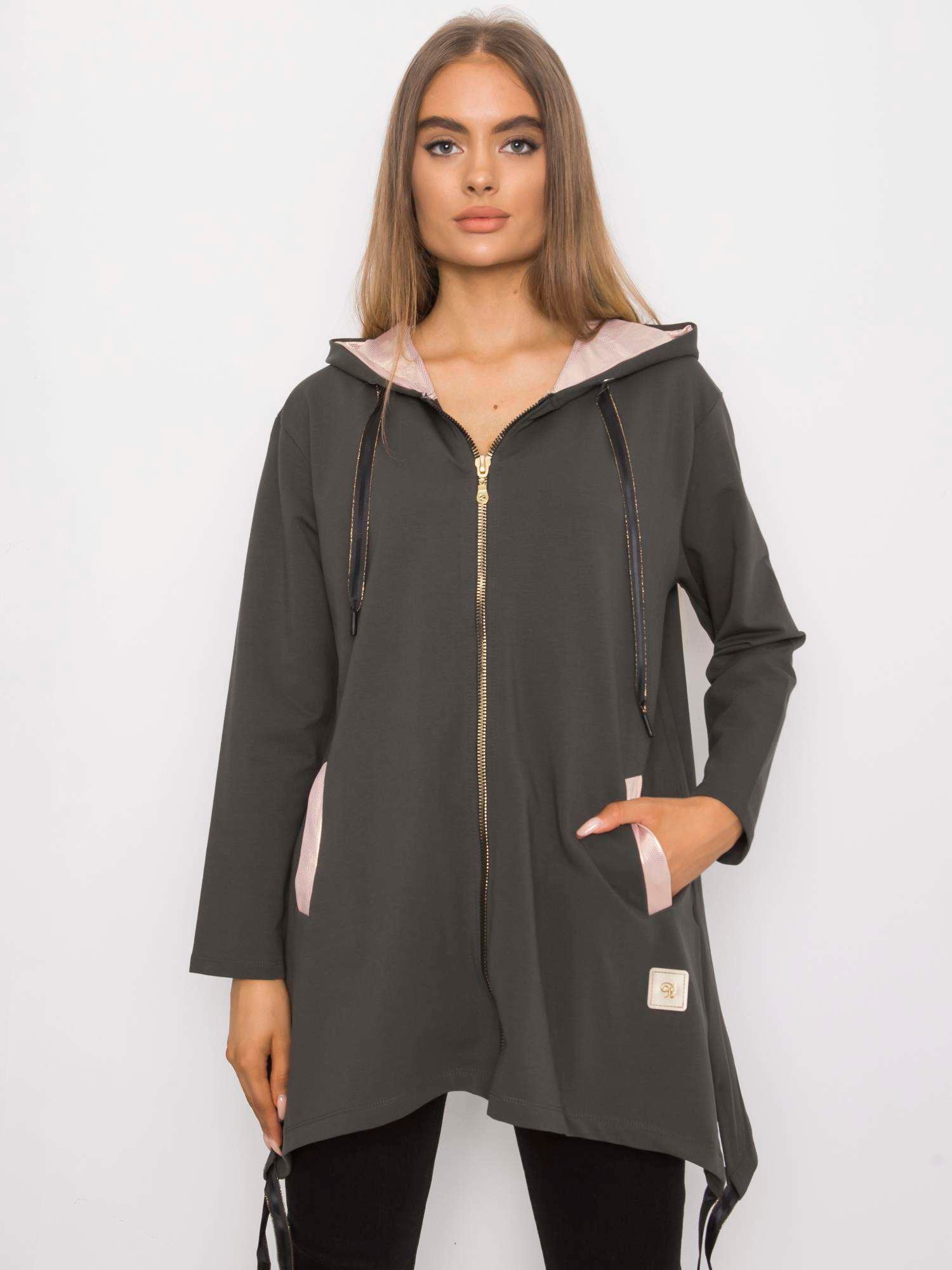 Ciemna khaki bluza na suwak z kieszeniami