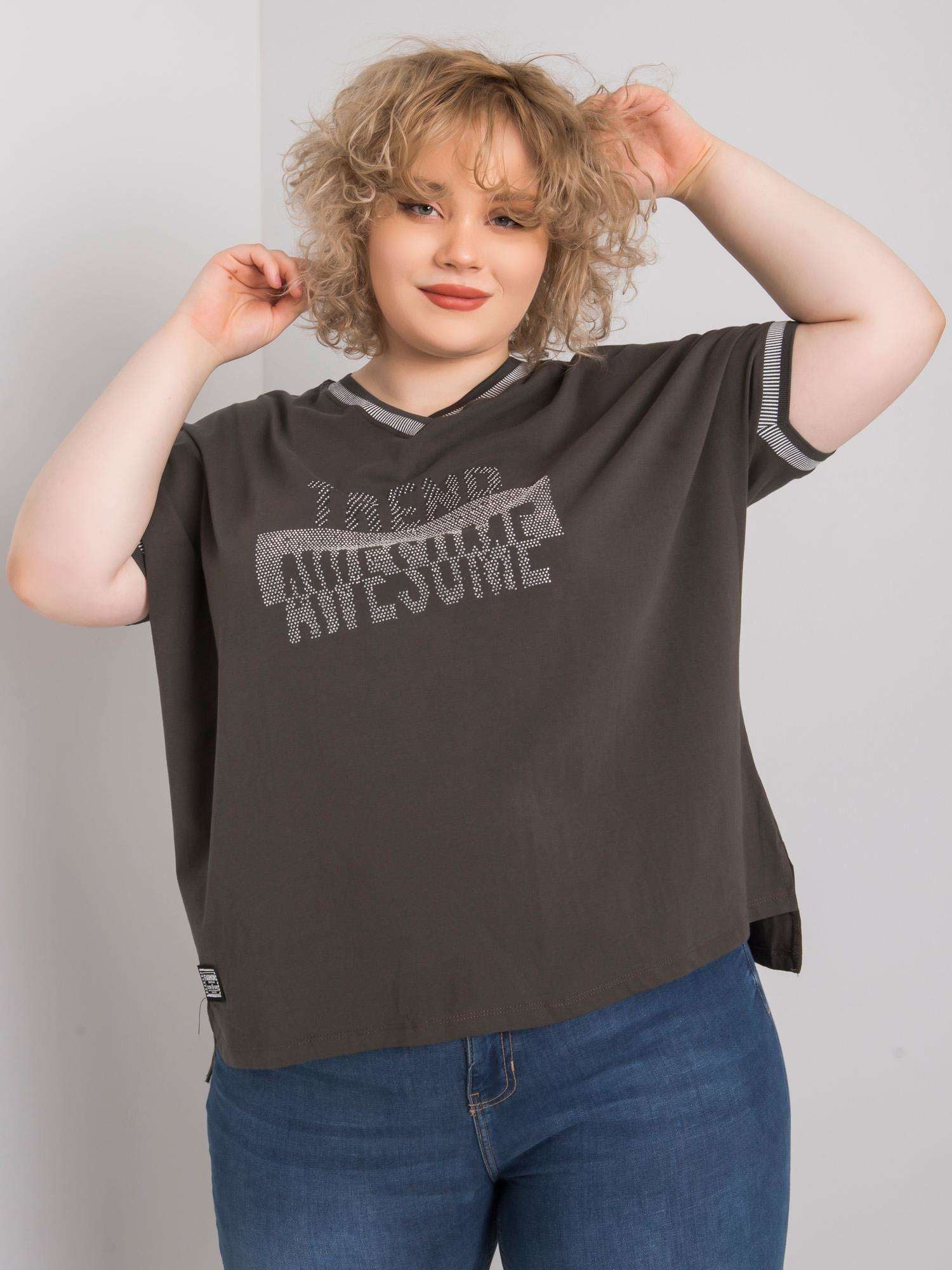 Ciemna khaki damska bluzka plus size z aplikacją