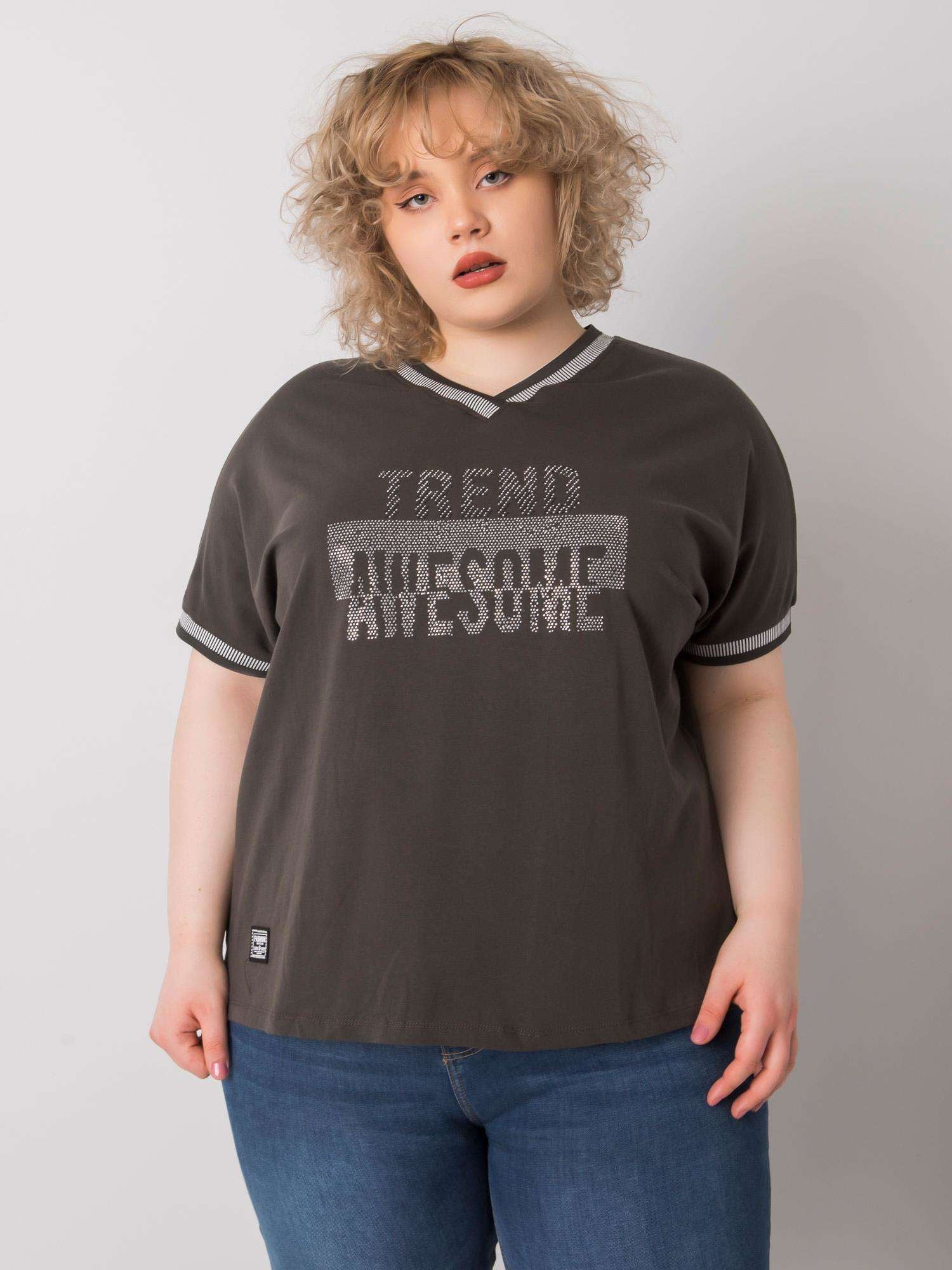Ciemna khaki damska bluzka plus size z aplikacją
