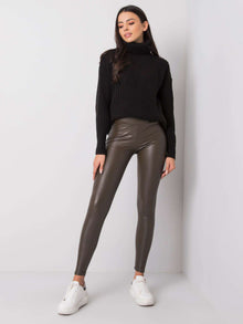 RUE PARIS Ciemne khaki legginsy z ekoskóry