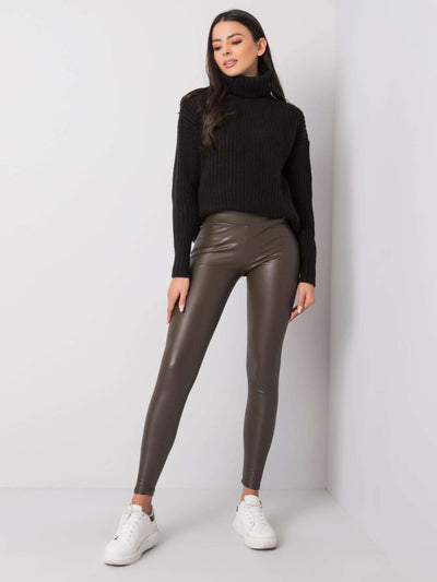 RUE PARIS Ciemne khaki legginsy z ekoskóry