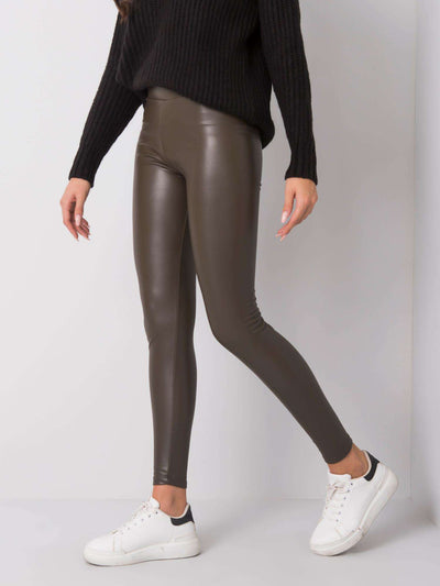RUE PARIS Ciemne khaki legginsy z ekoskóry
