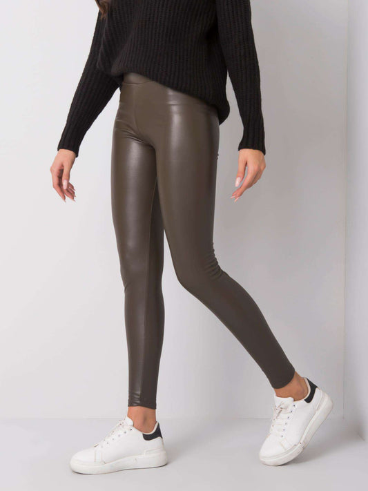 RUE PARIS Ciemne khaki legginsy z ekoskóry