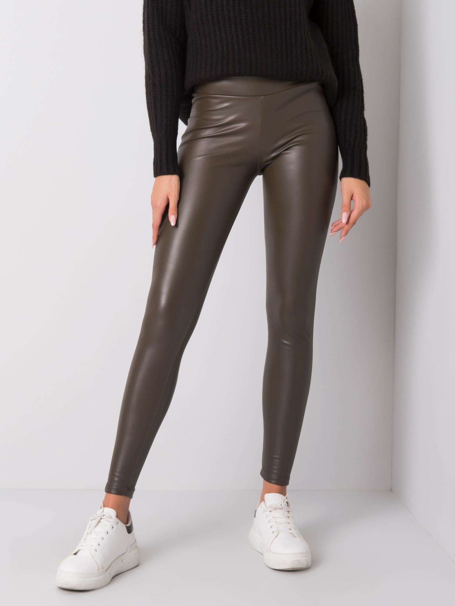 RUE PARIS Ciemne khaki legginsy z ekoskóry
