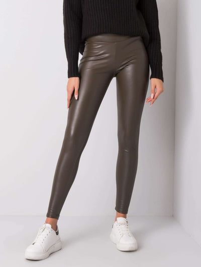 RUE PARIS Ciemne khaki legginsy z ekoskóry