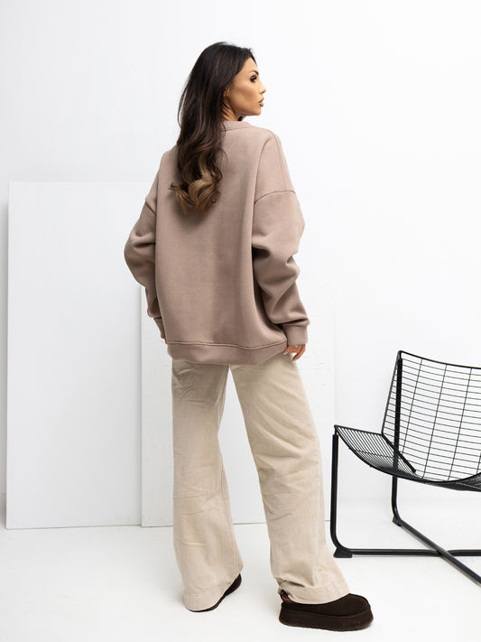 RUE PARIS Ciemnobeżowa bluza basic z okrągłym dekoltem