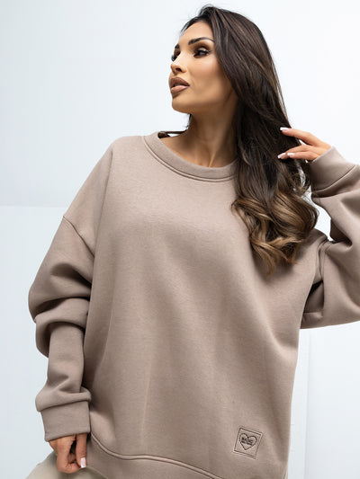 RUE PARIS Ciemnobeżowa bluza basic z okrągłym dekoltem