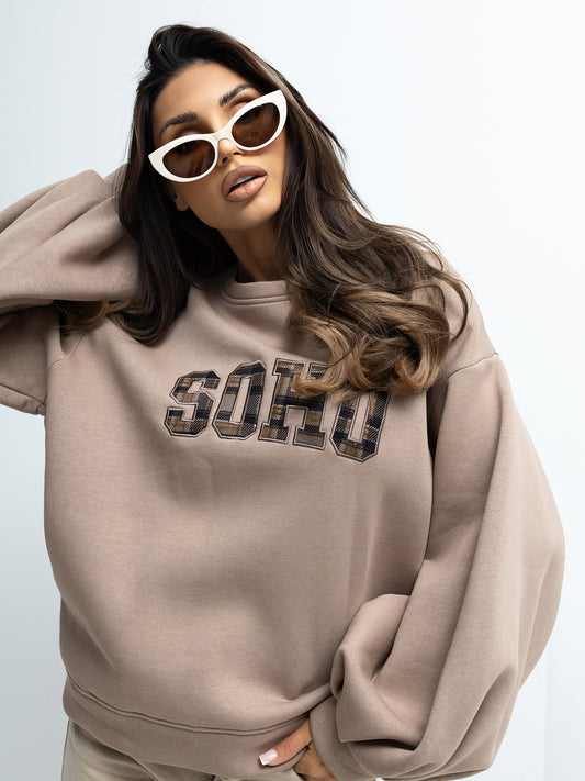 RUE PARIS Ciemnobeżowa bluza oversize z napisem