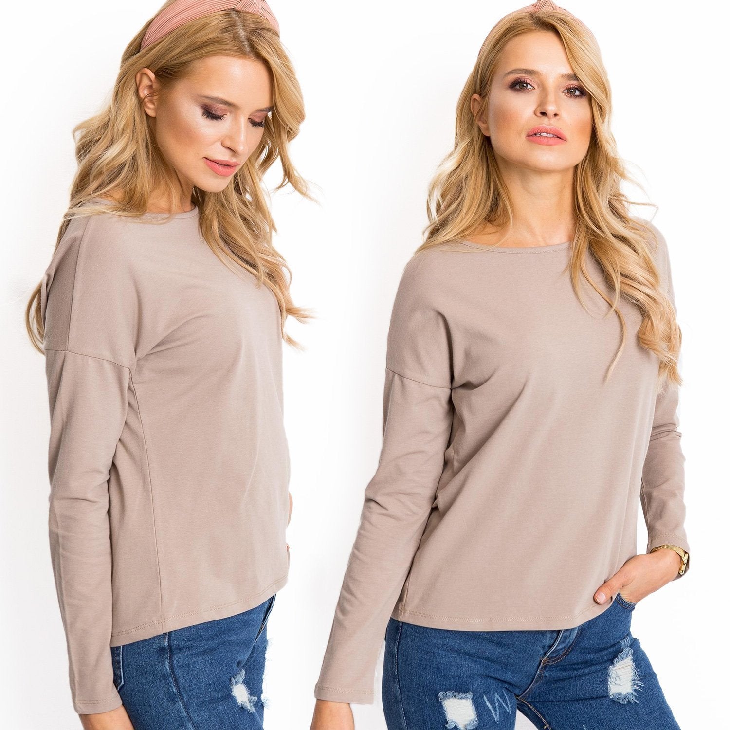 Ciemnobeżowa bluzka damska z długim rękawem