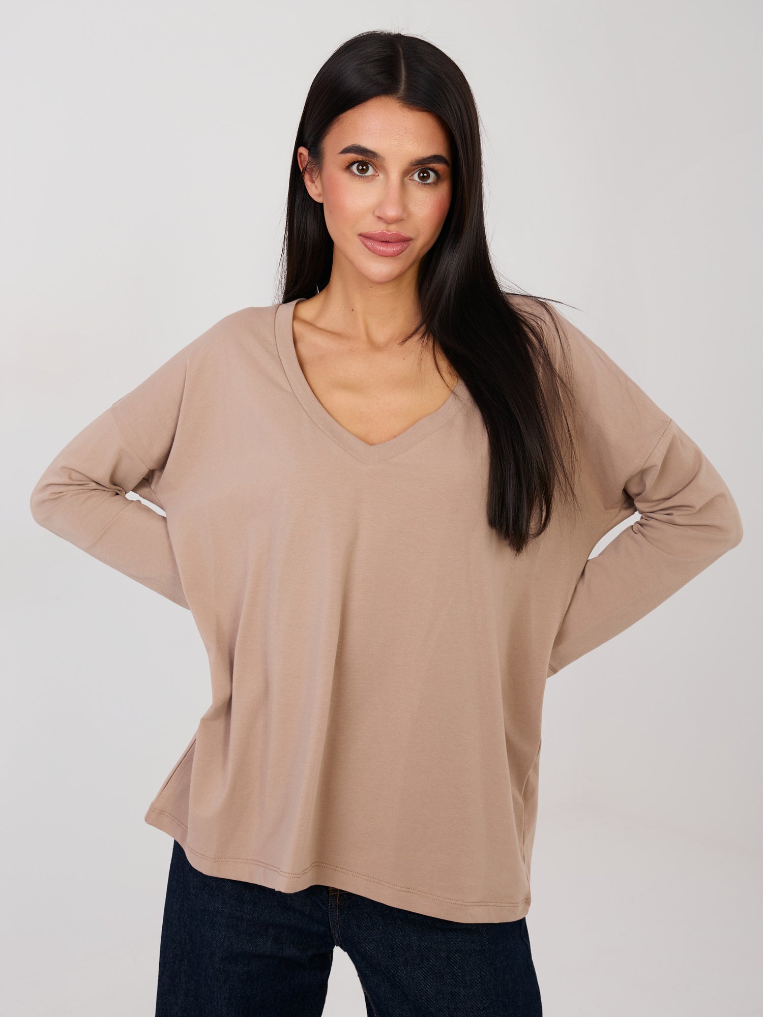 RUE PARIS Ciemnobeżowa bluzka oversize z bawełny