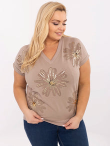 Ciemnobeżowa bluzka plus size z nadrukiem w kwiaty