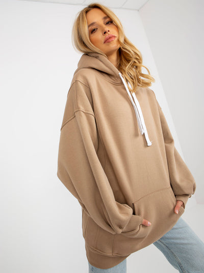 Ciemnobeżowa długa bluza basic oversize z kapturem