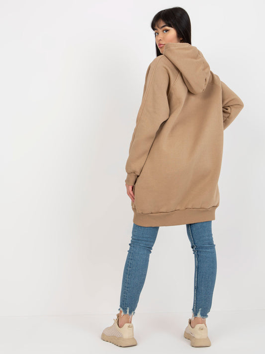 Ciemnobeżowa długa dresowa bluza basic z kapturem