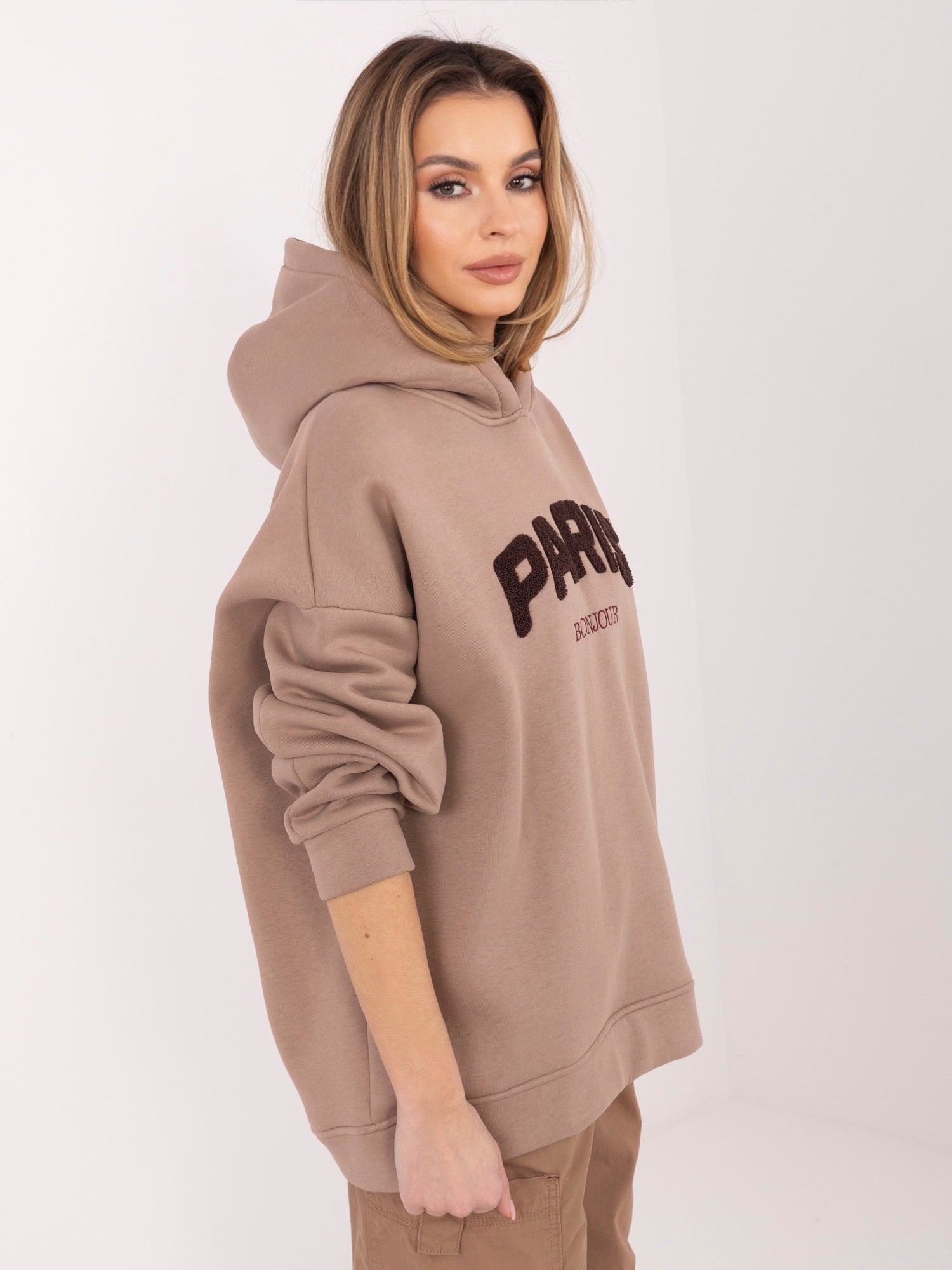 RUE PARIS Ciemnobeżowa dresowa bluza z kapturem