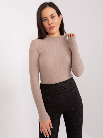 Ciemnobeżowa bluzka prążkowana basic z bawełny BASIC FEEL GOOD