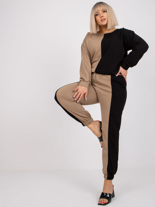 Ciemnobeżowo-czarny damski komplet dresowy plus size