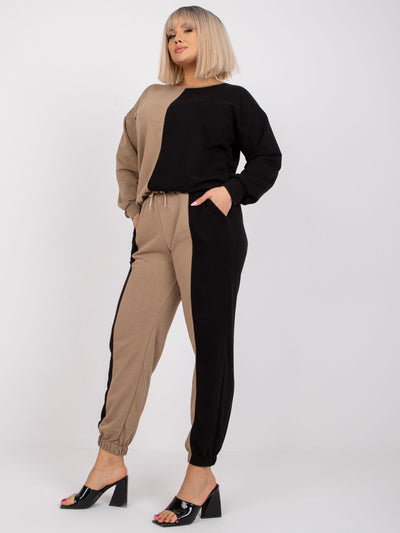 Ciemnobeżowo-czarny damski komplet dresowy plus size