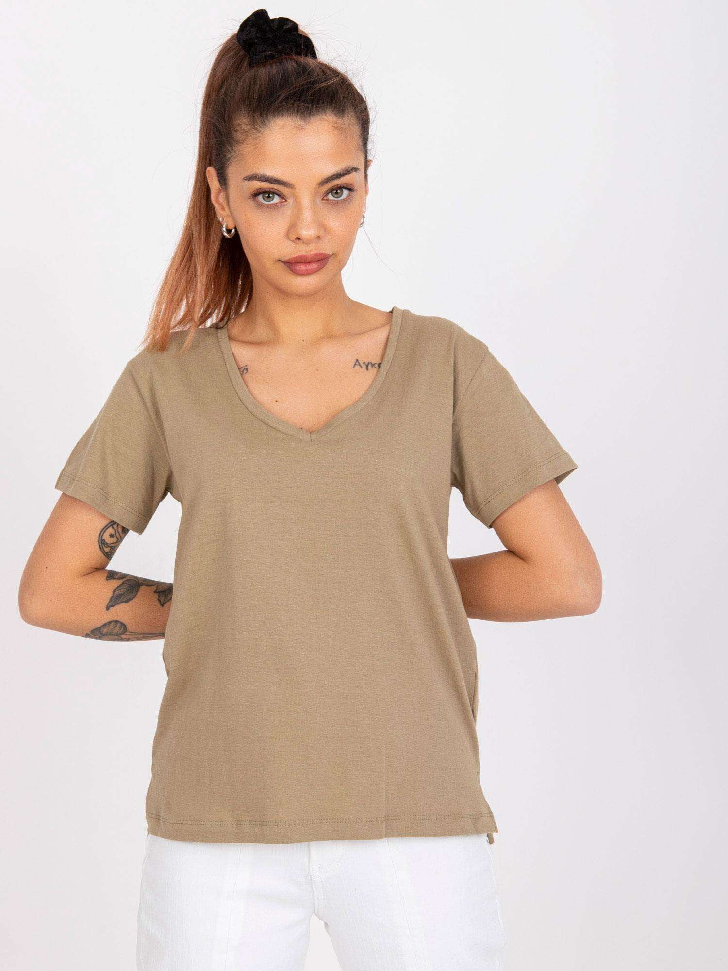 MAYFLIES Ciemnobeżowy t-shirt damski jednokolorowy