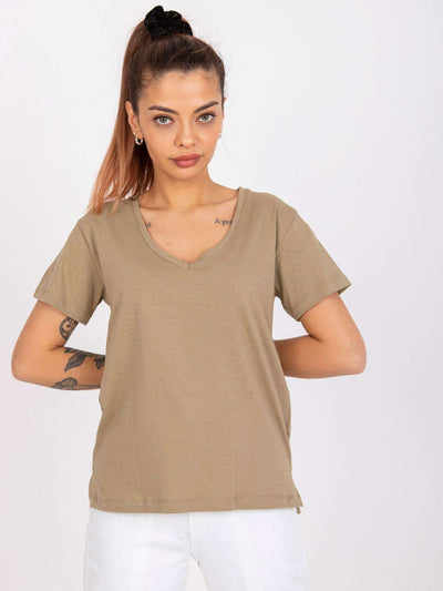 MAYFLIES Ciemnobeżowy t-shirt damski jednokolorowy