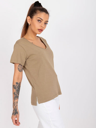 MAYFLIES Ciemnobeżowy t-shirt damski jednokolorowy