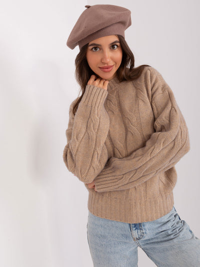 Ciemnobeżowy jednokolorowy beret damski