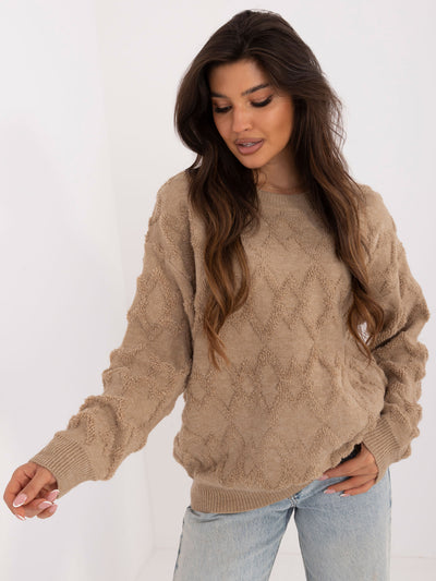 Ciemnobeżowy sweter oversize z okrągłym dekoltem