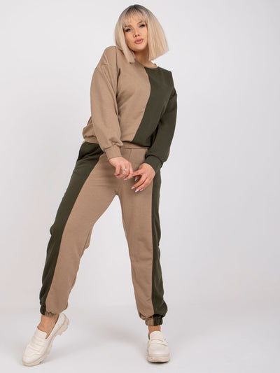 Ciemnobeżowy-khaki damski komplet dresowy plus size