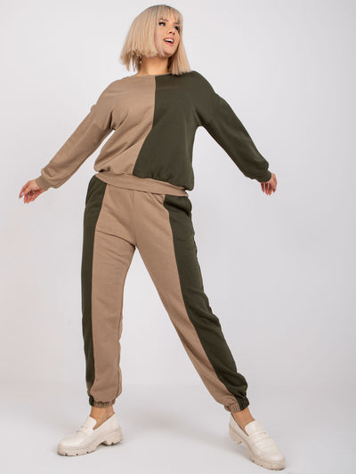 Ciemnobeżowy-khaki damski komplet dresowy plus size