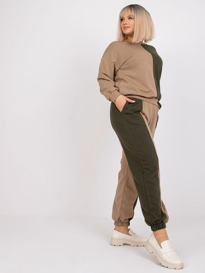 Ciemnobeżowy-khaki damski komplet dresowy plus size