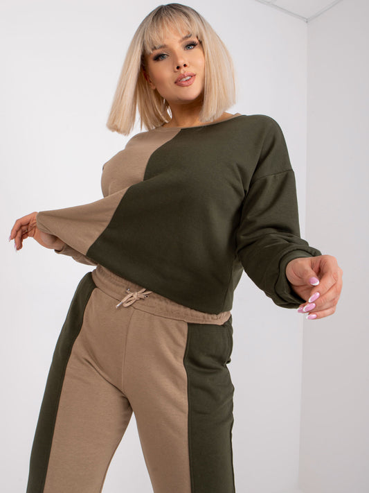 Ciemnobeżowy-khaki damski komplet dresowy plus size