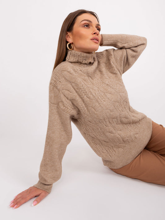 Ciemnobeżowy melanżowy sweter z golfem
