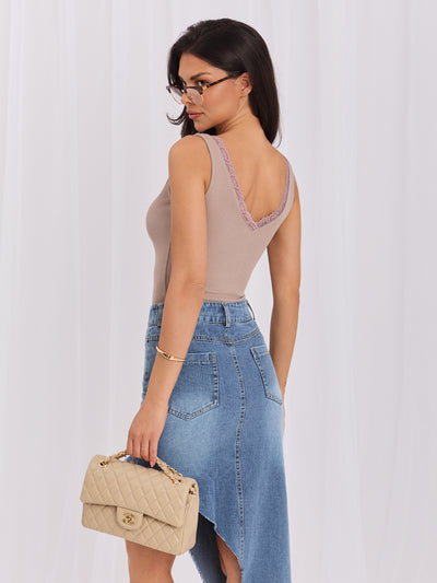 RUE PARIS Ciemnobeżowy prążkowany top basic z bawełny