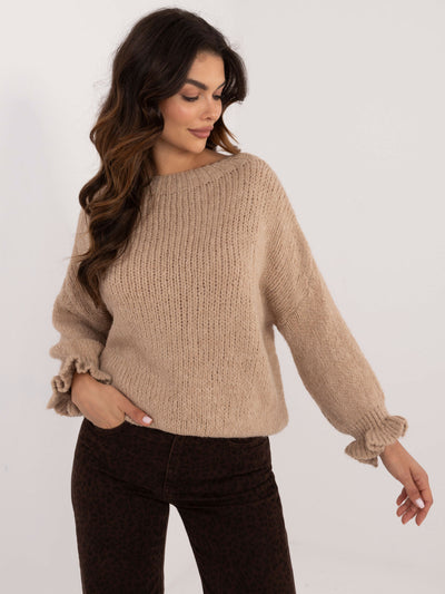 Ciemnobeżowy sweter oversize z okrągłym dekoltem