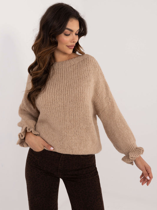 Ciemnobeżowy sweter oversize z okrągłym dekoltem