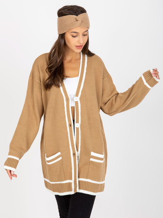 Ciemnobeżowy sweter rozpinany z kieszeniami RUE PARIS