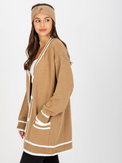 Ciemnobeżowy sweter rozpinany z kieszeniami RUE PARIS