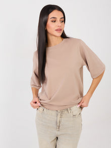 RUE PARIS Ciemnobeżowy t-shirt basic z okrągłym dekoltem