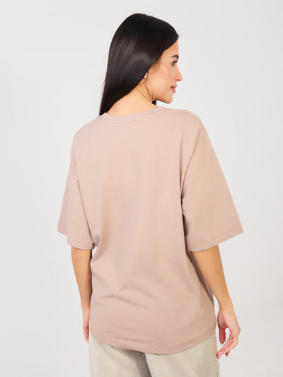 RUE PARIS Ciemnobeżowy t-shirt basic z okrągłym dekoltem