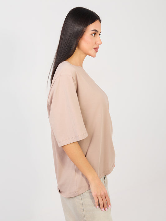RUE PARIS Ciemnobeżowy t-shirt basic z okrągłym dekoltem
