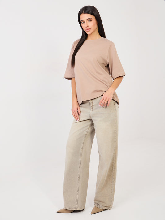 RUE PARIS Ciemnobeżowy t-shirt basic z okrągłym dekoltem