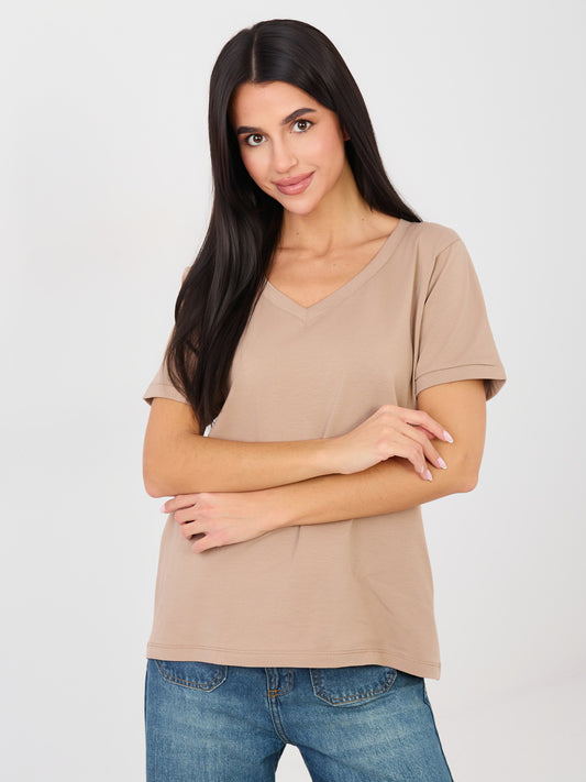 RUE PARIS Ciemnobeżowy t-shirt basic z dekoltem V
