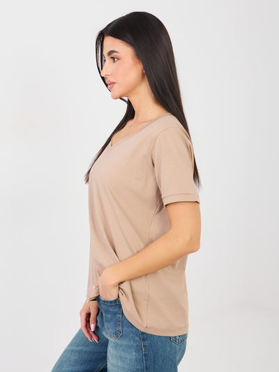 RUE PARIS Ciemnobeżowy t-shirt basic z dekoltem V
