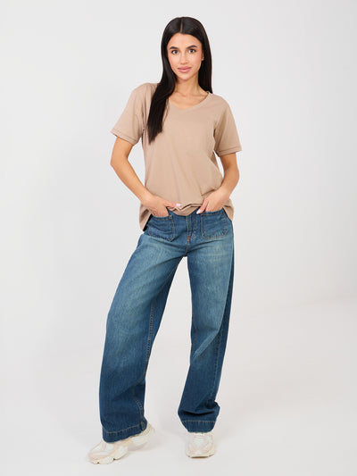 RUE PARIS Ciemnobeżowy t-shirt basic z dekoltem V