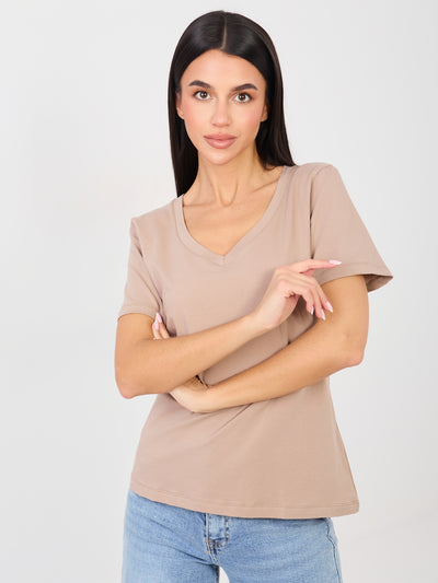 RUE PARIS Ciemnobeżowy klasyczny t-shirt basic