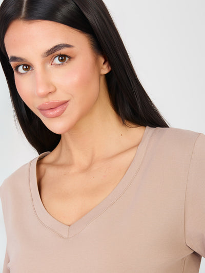 RUE PARIS Ciemnobeżowy klasyczny t-shirt basic