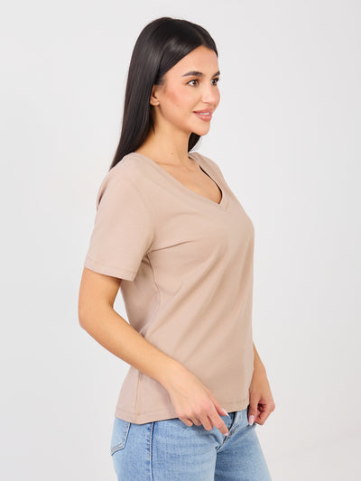 RUE PARIS Ciemnobeżowy klasyczny t-shirt basic