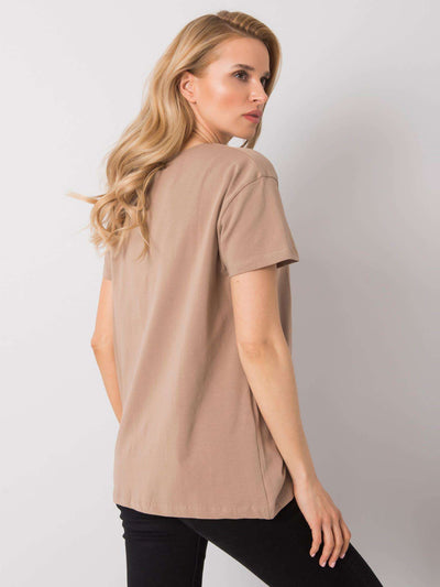 Ciemnobeżowy t-shirt damski z napisem