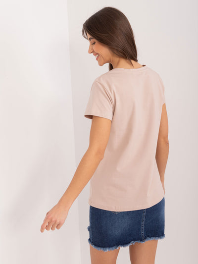 BASIC FEEL GOOD Ciemnobeżowy t-shirt z aplikacją w kwiaty