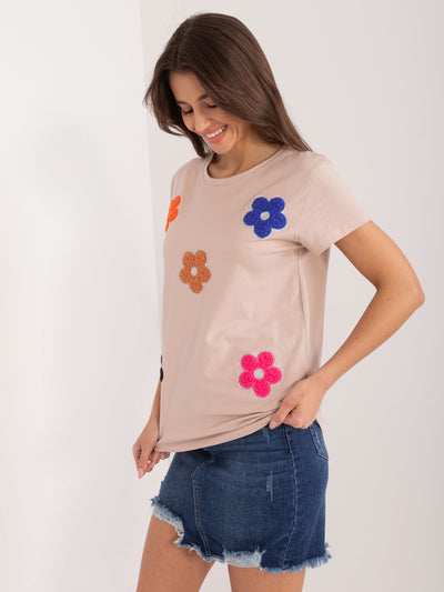 BASIC FEEL GOOD Ciemnobeżowy t-shirt z aplikacją w kwiaty